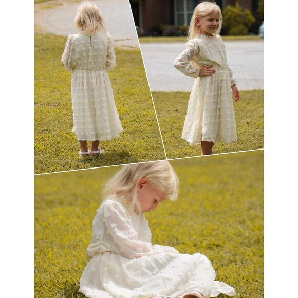 Girls Beige A-line Midi Dress with Ruffle Collar & Flared Sleeves - Sizes 5-13 - Picture 8 of 8